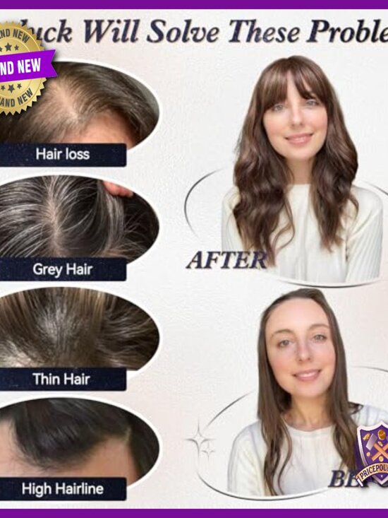 Real Human Hair Topper with Bangs, Hand-Woven, Adds Volume, Covers Gray main image 5